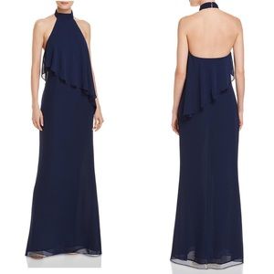 LAUNDRY WOMENS HALTER SLEEVELESS GOWN NAVY DRESS